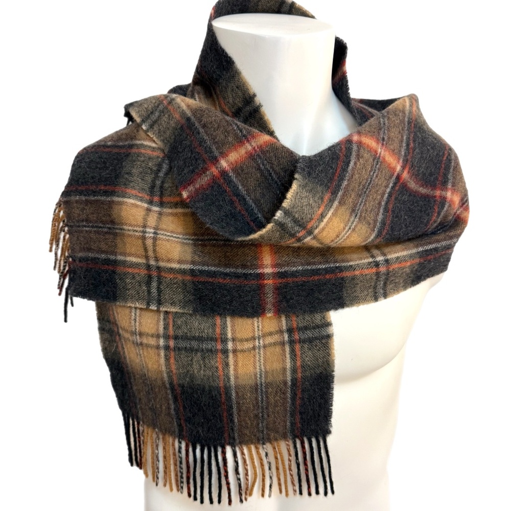 Vintage Wool Tan, & Charcoal Tartan Plaid Scarf -  10" x 50"